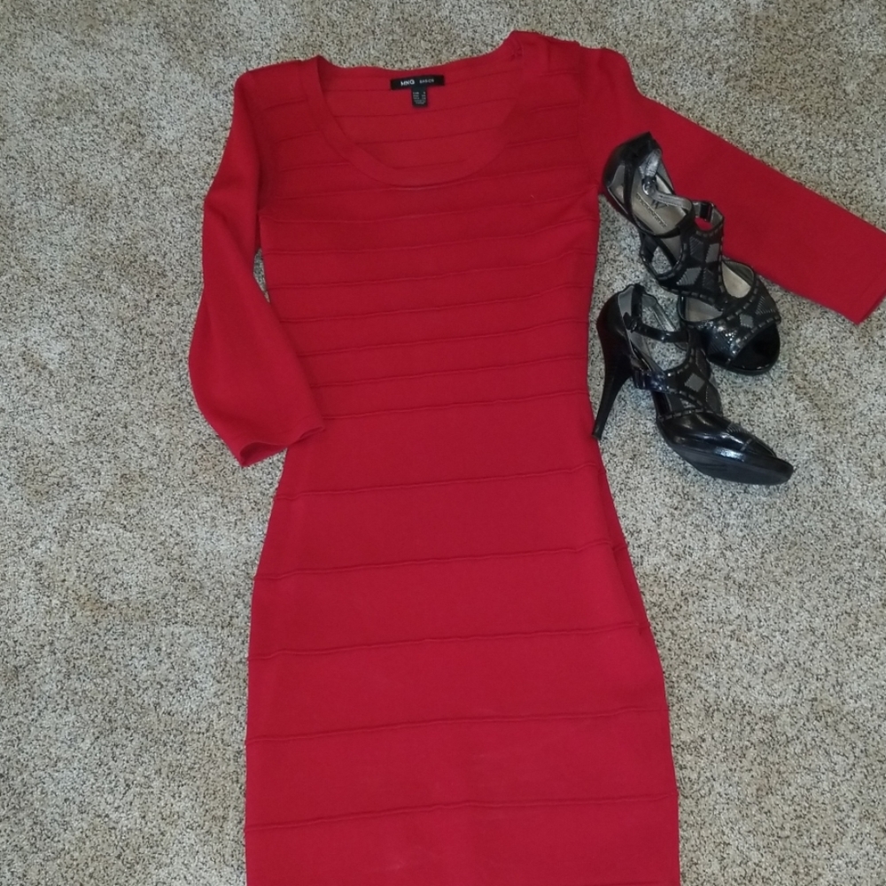 Red Bodycon Dress XS 3/4 sleeve